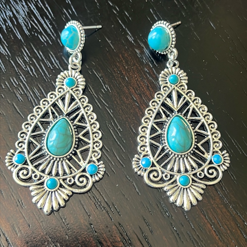 Faux turquoise and antique silver metal earrings-NWT